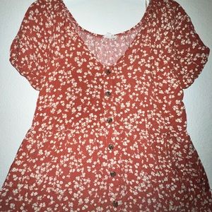 Burnt Orange Floral Dress with Detail Fake Brown Buttons